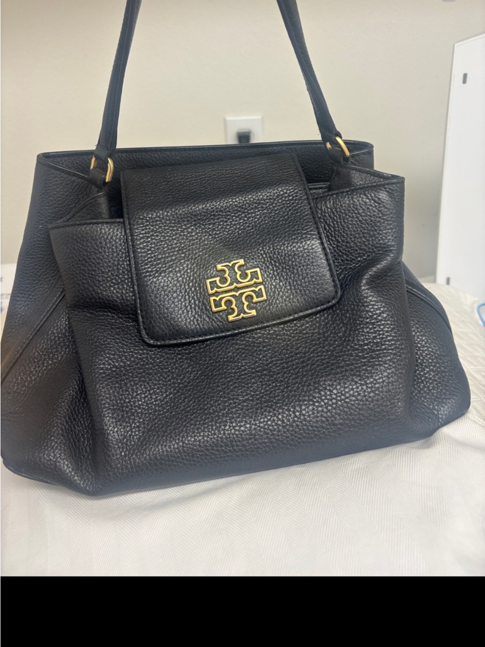 Tory Burch Black Pebbled Leather Shoulder Bag with Gold Logo Accent